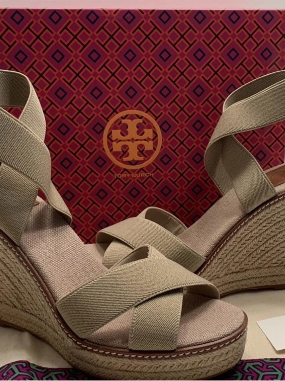 Tory Burch khaki Crisscross Espadrille Wedge Sandals ( no box)